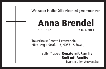 Traueranzeige von Anna Brendel von Pegnitz-Zeitung